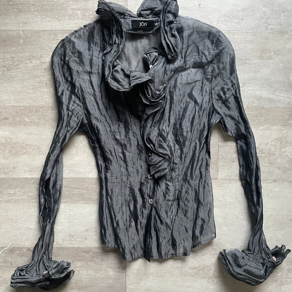 Jôn Sheer Structured Ruffled Silver Grey Dress Shirt